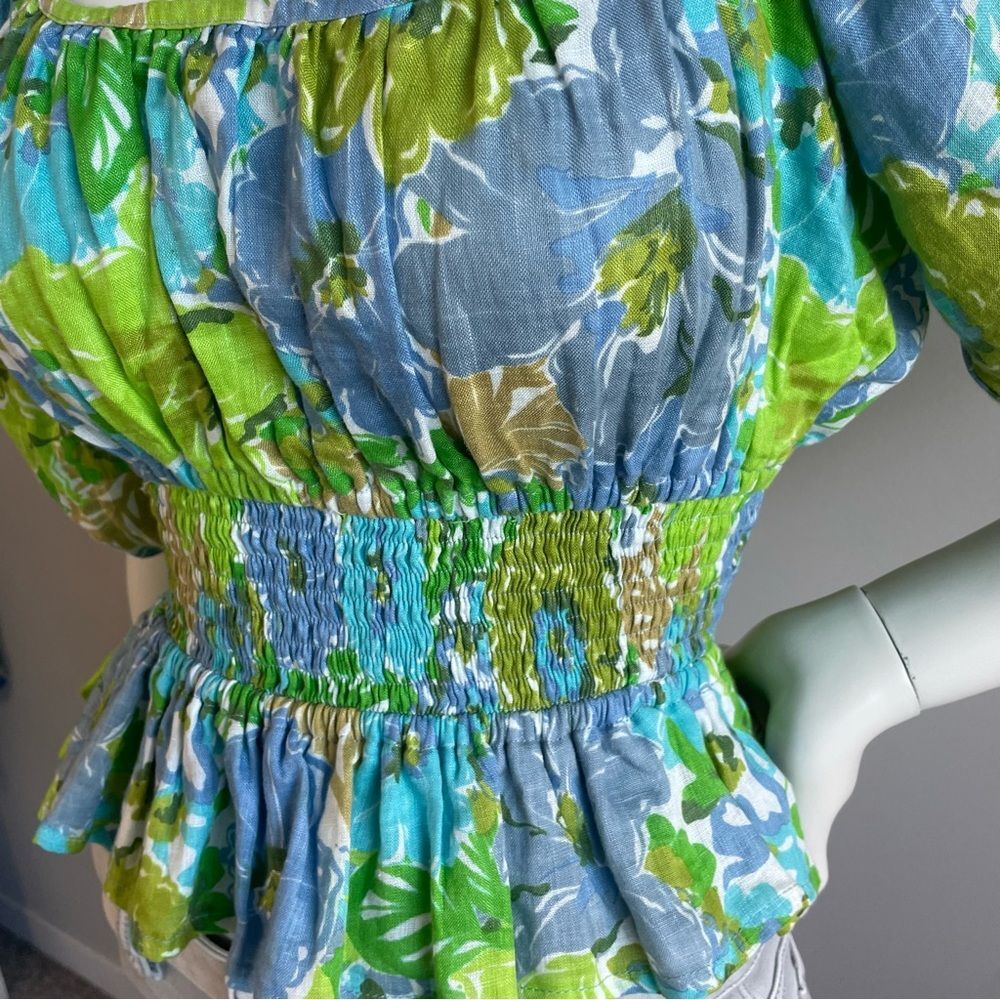 FAITHFULL THE BRAND Kinsley Linen Top Blue Green Floral Smocked Top - Picture 4 of 9